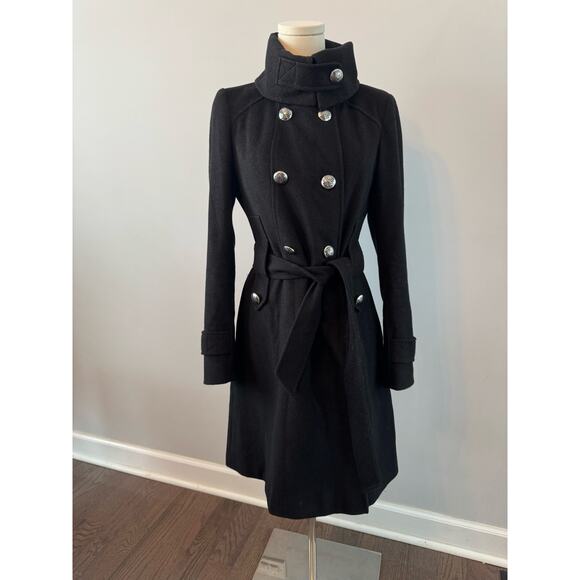 Tahari Italian Wool Long Coat, Double Breasted with Belt & Funnel Neck Military - Picture 1 of 8